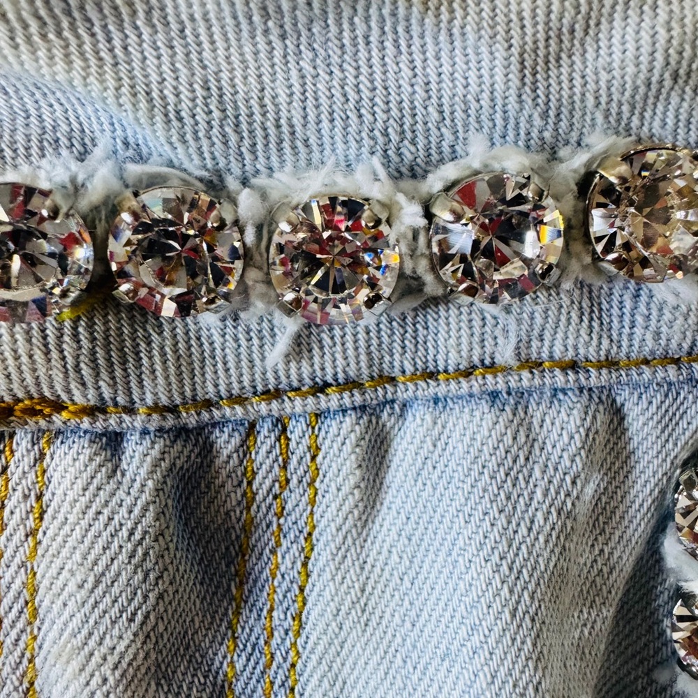 Y2K Blumarine Crystal Studded Acid Wash Distressed Jeans R-9” I-30” Size I44/D38 - Picture 5 of 16